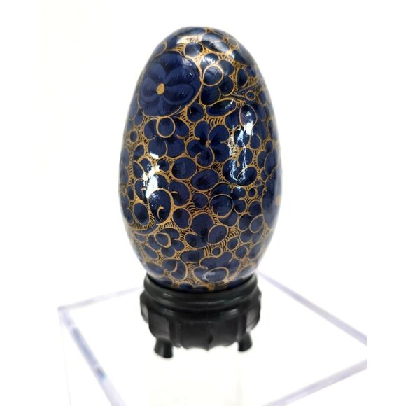 Hand-Painted Floral Wooden Egg Blue and Gold Asian Art With Black Stand je215 - Picture 12 of 12